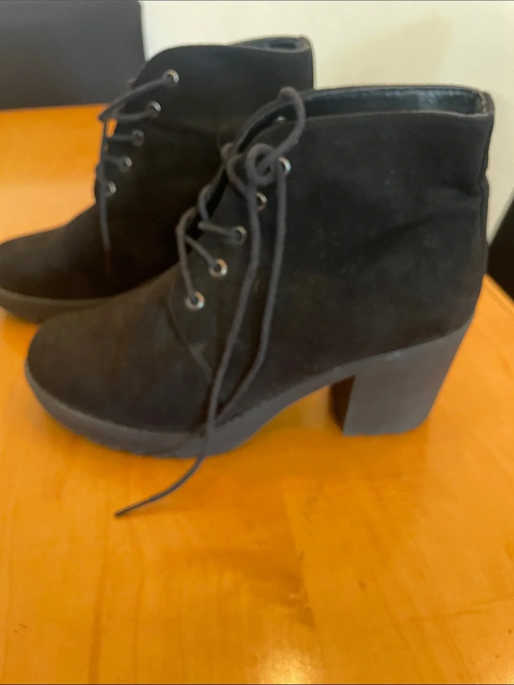 Women's Black Suede Lace-Up Chunky Heel Booties